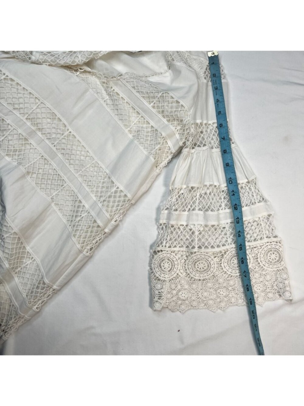 Alexis Lace Mini Dess Boho Bell Sleeve Striped Shift Ivory White  XS - Picture 7 of 11
